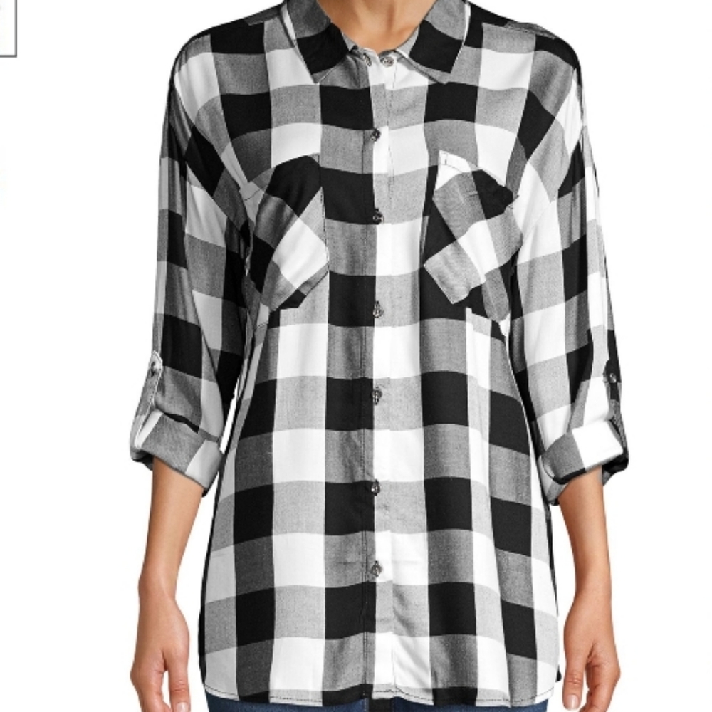 NWT! DESIGN LAB PLAID BUTTON DOWN HIGH-LOW SHIRT
